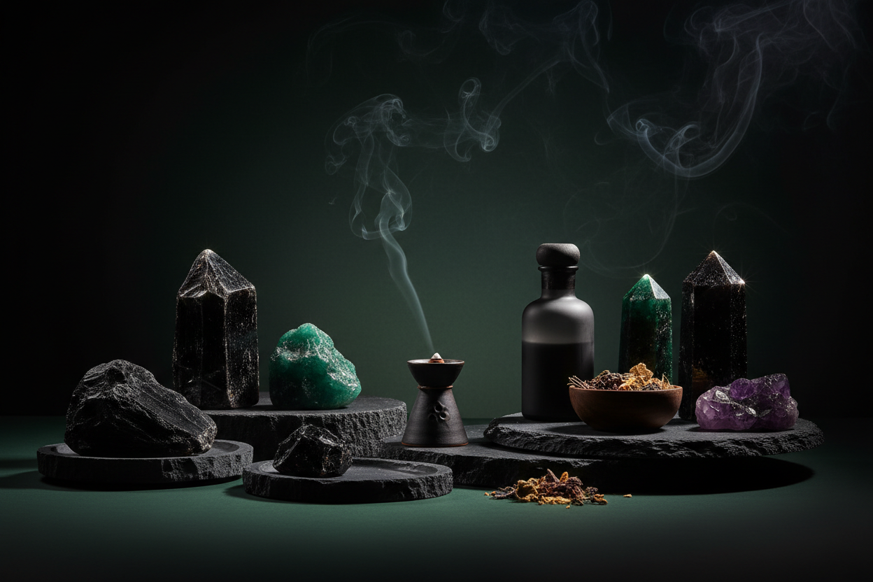 A dark, premium brand image for a modern ritual and wellness brand.
Background inspired by a deep green to black vertical gradient.
Subtle incense smoke, polished stone surfaces, crystals catching low light.
Moody, elegant, and intentional.
Cinematic shadows, soft glow highlights, luxury ecommerce look.
No text, no logos, no people.
Ultra high resolution, photorealistic, wide horizontal composition.